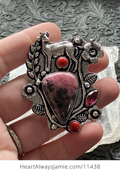 Pink Rhodonite and Red Coral Deer Crystal Stone Jewelry Pendant - #pCKgkvQoxkU-2