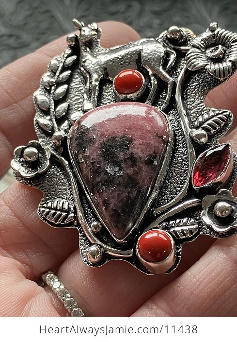 Pink Rhodonite and Red Coral Deer Crystal Stone Jewelry Pendant - #pCKgkvQoxkU-9