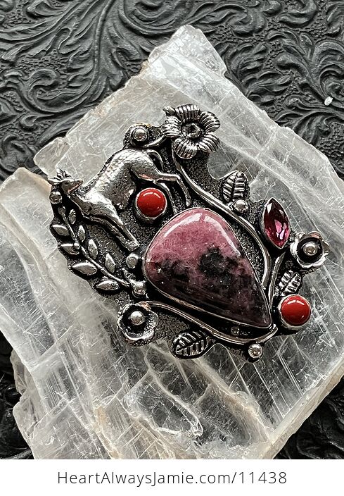 Pink Rhodonite and Red Coral Deer Crystal Stone Jewelry Pendant - #pCKgkvQoxkU-8