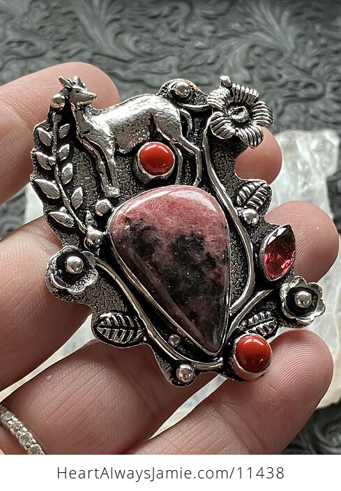 Pink Rhodonite and Red Coral Deer Crystal Stone Jewelry Pendant - #pCKgkvQoxkU-3