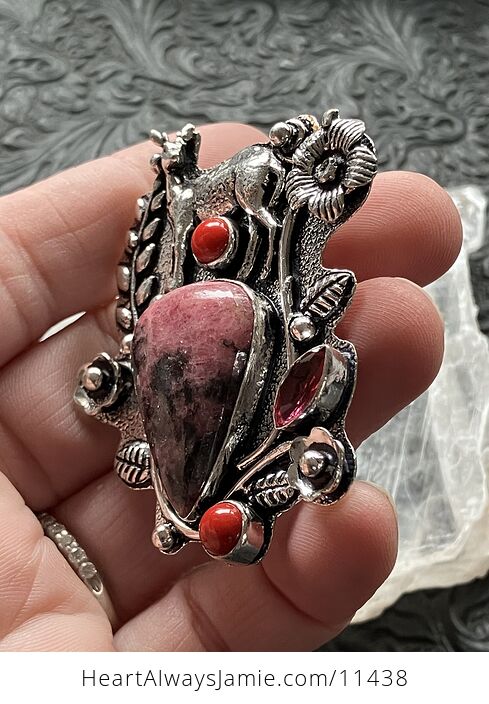 Pink Rhodonite and Red Coral Deer Crystal Stone Jewelry Pendant - #pCKgkvQoxkU-4