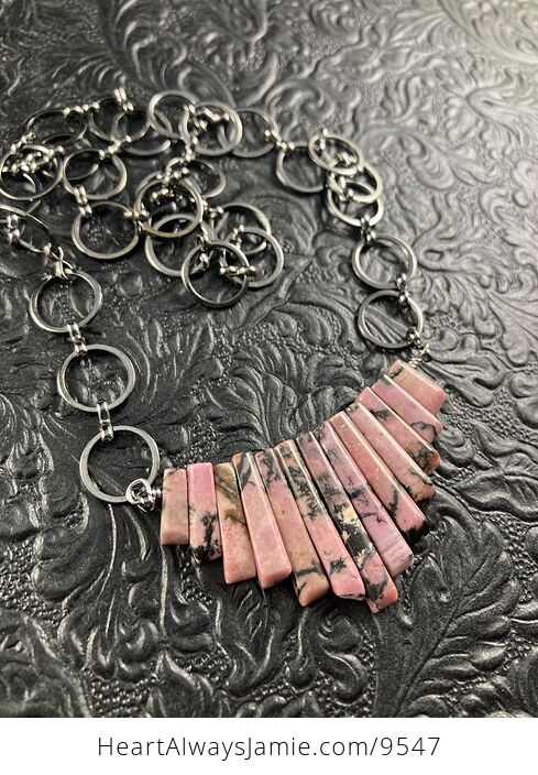 Pink Rhodonite Stone Bar and Hematite Circle Chain Collar Pendant Necklace - #ia3EBXdkru4-4