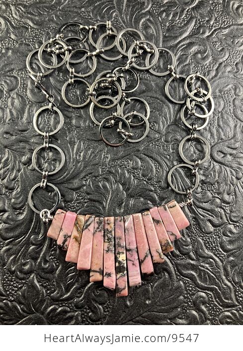 Pink Rhodonite Stone Bar and Hematite Circle Chain Collar Pendant Necklace - #ia3EBXdkru4-3