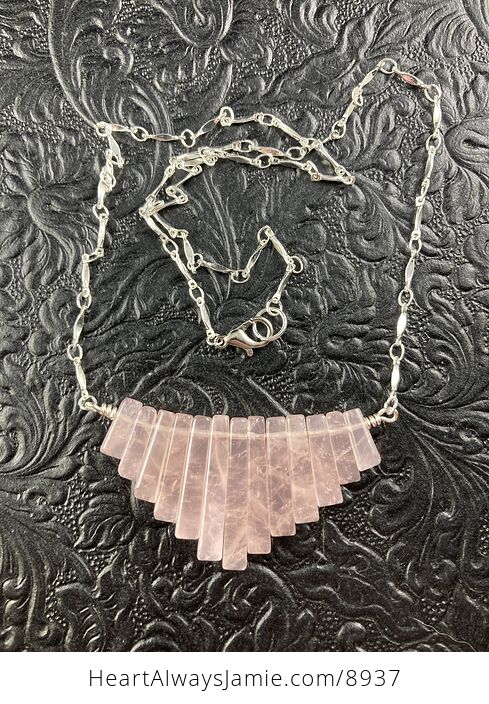 Pink Rose Quartz Crystal Stone Bar and Silver Chain Collar Pendant Necklace - #qtAOmK3l5As-8