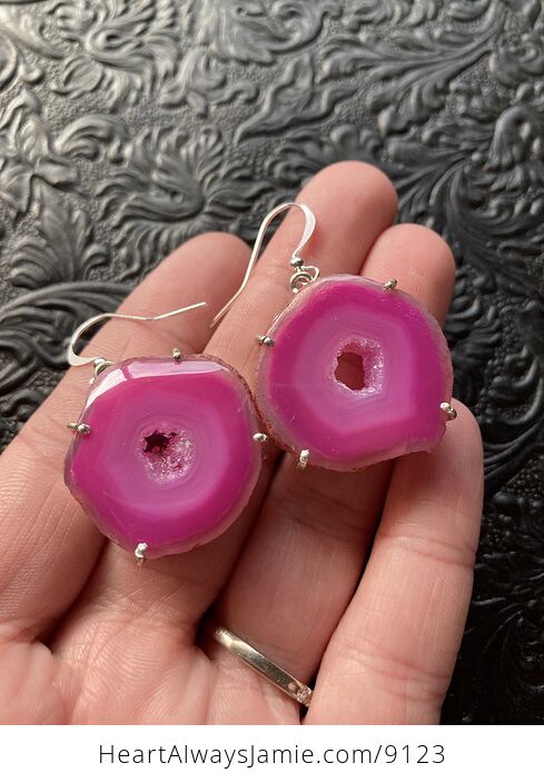 Pink Solar Agate Druzy Slice Crystal Stone Jewelry Earrings - #OEZTwxJ4mYI-1