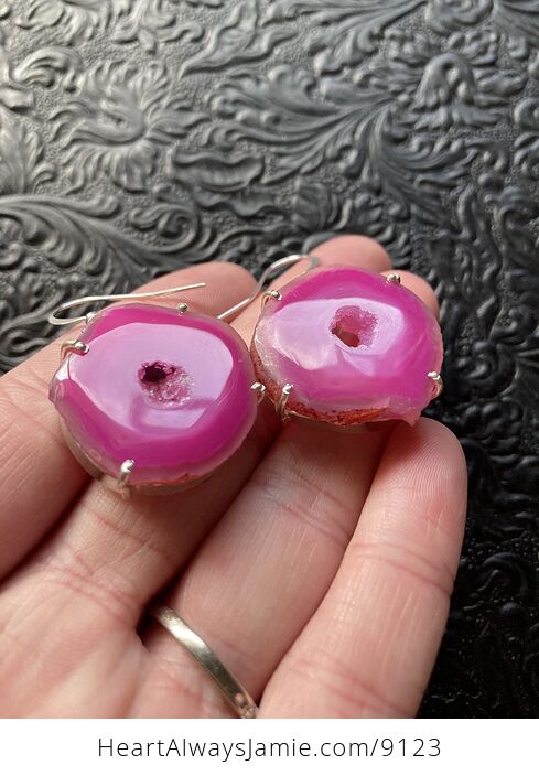 Pink Solar Agate Druzy Slice Crystal Stone Jewelry Earrings - #OEZTwxJ4mYI-5