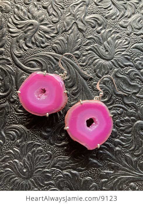 Pink Solar Agate Druzy Slice Crystal Stone Jewelry Earrings - #OEZTwxJ4mYI-4