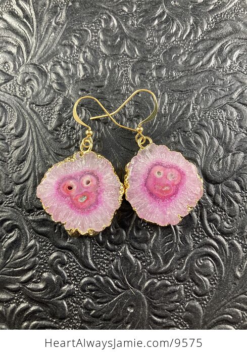Pink Solar Agate Funny Face Druzy Slice Crystal Stone Jewelry Earrings - #udgMozrkVhg-1