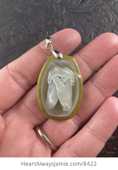 Prayer Hands Carved in Mother of Pearl Shell on Stone Pendant Jewelry - #hC5KbDeCVp4-3