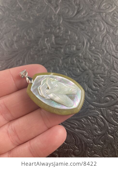 Prayer Hands Carved in Mother of Pearl Shell on Stone Pendant Jewelry - #hC5KbDeCVp4-5