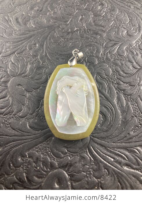 Prayer Hands Carved in Mother of Pearl Shell on Stone Pendant Jewelry - #hC5KbDeCVp4-1