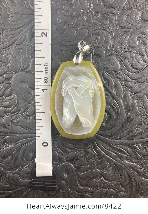 Prayer Hands Carved in Mother of Pearl Shell on Stone Pendant Jewelry - #hC5KbDeCVp4-2