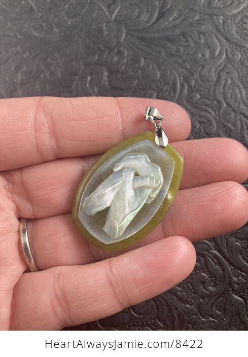 Prayer Hands Carved in Mother of Pearl Shell on Stone Pendant Jewelry - #hC5KbDeCVp4-4