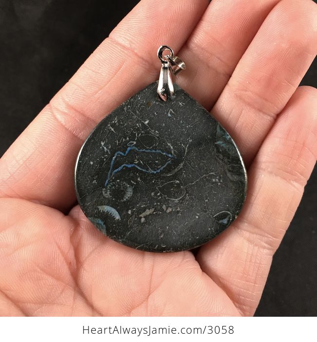 Pretty Black and Blue Nipomo Coral Fossil Stone Pendant Necklace - #bjWLjkOlUkw-2