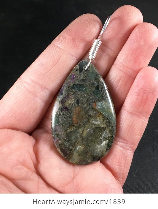Pretty Green and Purple Fluorite and Pyrite Stone Pendant - #gEkt3HoC0bY-1