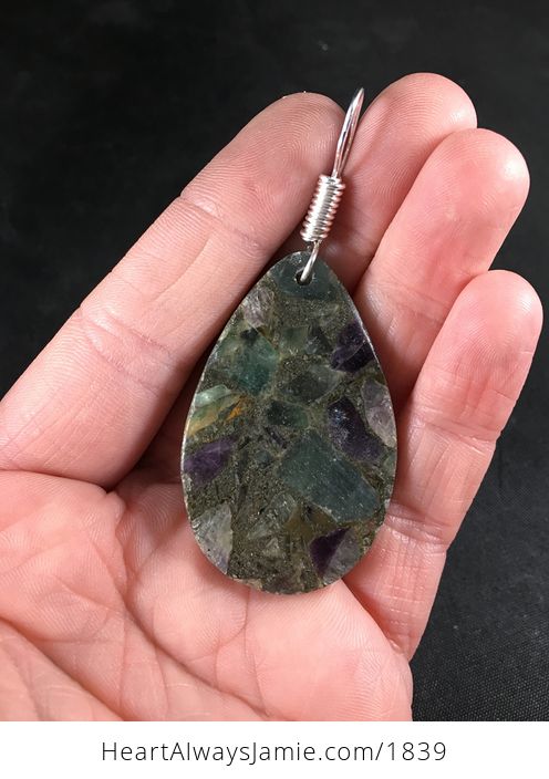 Pretty Green and Purple Fluorite and Pyrite Stone Pendant Necklace - #gEkt3HoC0bY-2