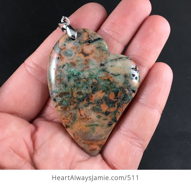 Pretty Heart Shaped Gren and Orange Crazy Lace Agate Stone Pendant - #AD1CYbZcJvI-1