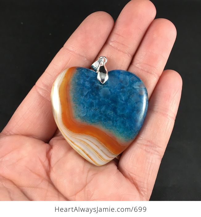 Pretty Heart Shaped Orange Stipes and Blue Druzy Agate Stone Pendant - #Dk1iYt1OHBc-1