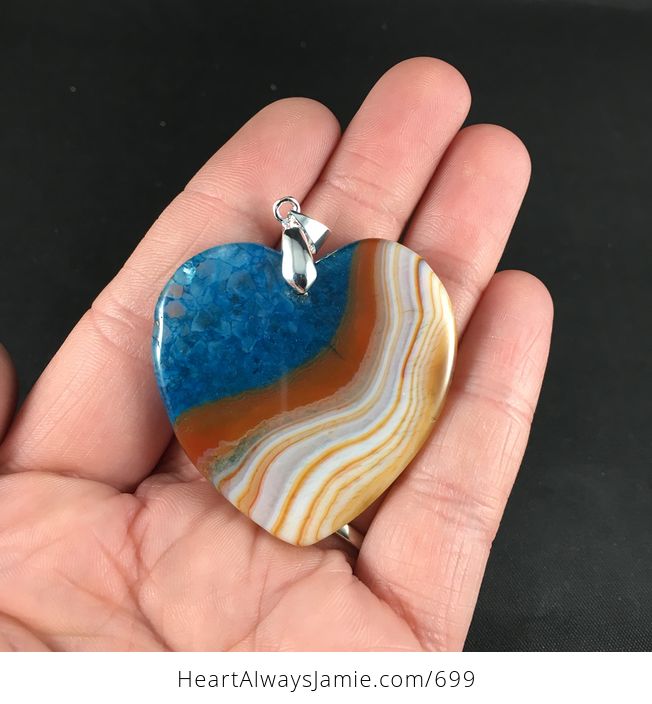 Pretty Heart Shaped Orange Stipes and Blue Druzy Agate Stone Pendant Necklace - #Dk1iYt1OHBc-2