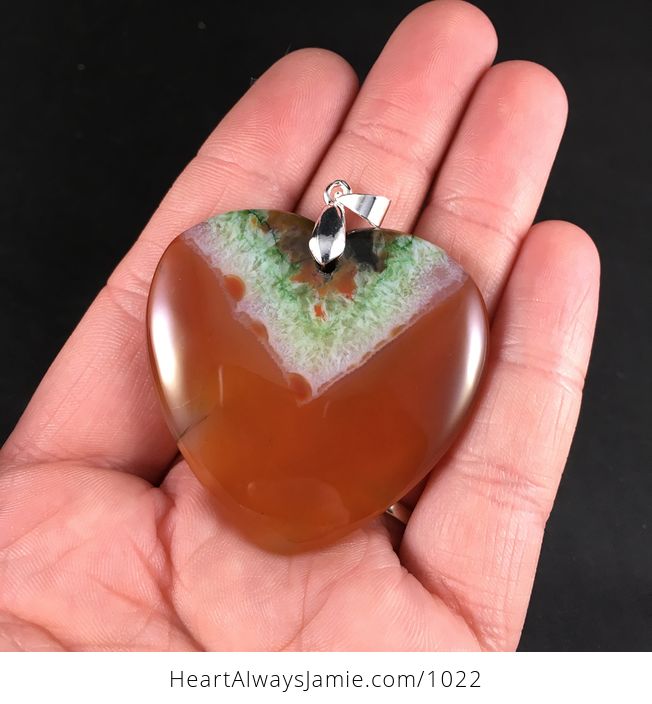 Pretty Heart Shaped Semi Transparent Orange and Green Druzy Agate Stone Pendant - #yzJXfqSWTXs-1