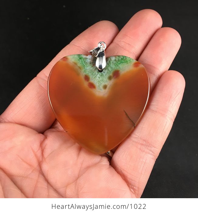 Pretty Heart Shaped Semi Transparent Orange and Green Druzy Agate Stone Pendant Necklace - #yzJXfqSWTXs-2
