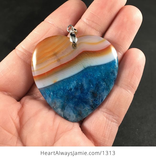 Pretty Heart Shaped White Orange and Blue 34ocean Sunset34 Drusy Agate Stone Pendant - #BvavlnqH14E-1