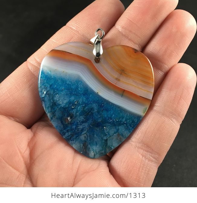 Pretty Heart Shaped White Orange and Blue 34ocean Sunset34 Drusy Agate Stone Pendant Necklace - #BvavlnqH14E-2