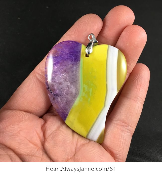 Pretty Heart Shaped Yellow White and Purple Druzy Agate Stone Pendant - #tV6W3mxOhEk-1