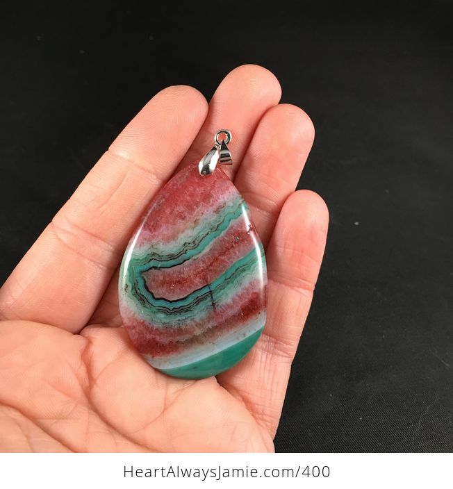 Pretty Red Green and Turquoise and White Druzy Stone Agate Pendant - #TwNCaAvSX5E-1