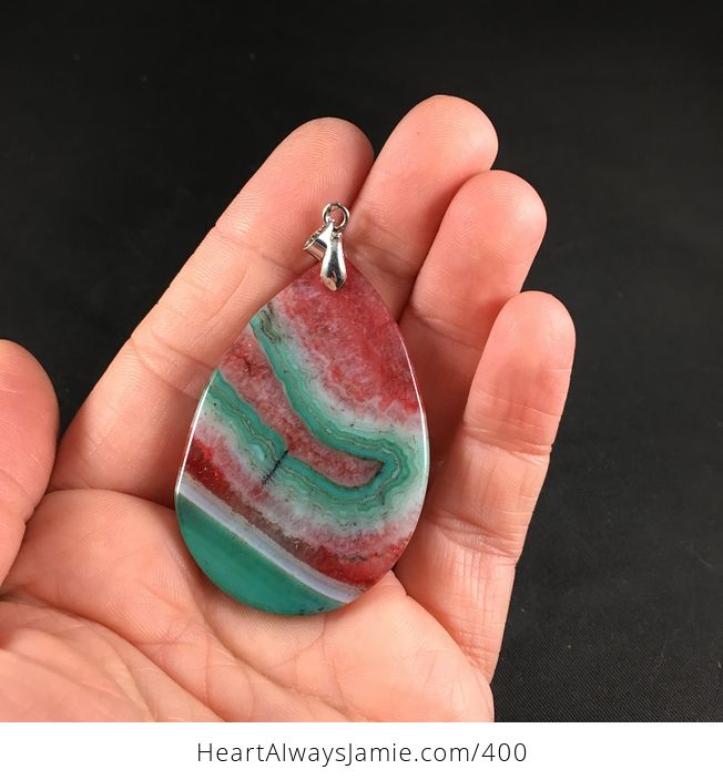 Pretty Red Green and Turquoise and White Druzy Stone Agate Pendant Necklace - #TwNCaAvSX5E-2