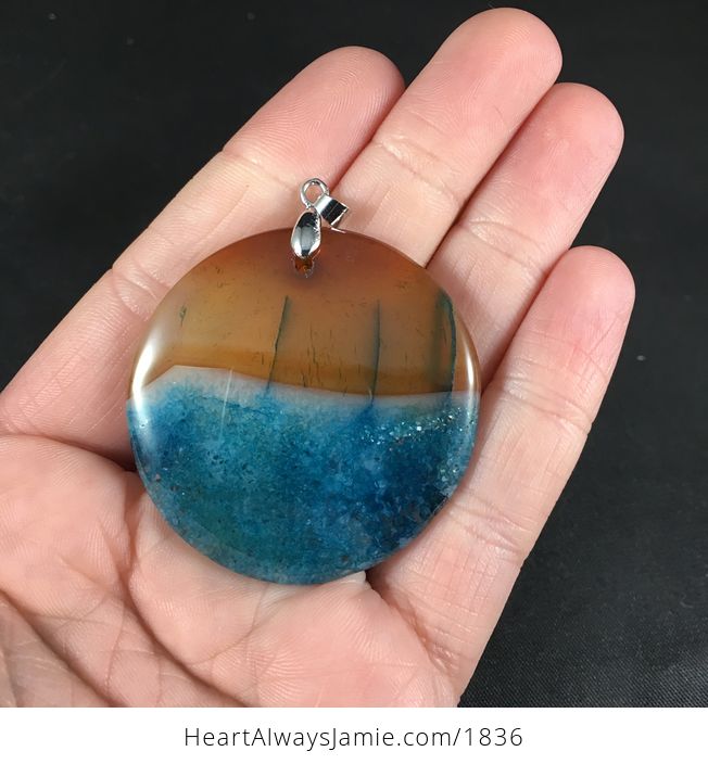 Pretty Round 34sunset over the Ocean34 Orange and Blue Druzy Stone Agate Pendant - #lV2tpeYf3Yk-1