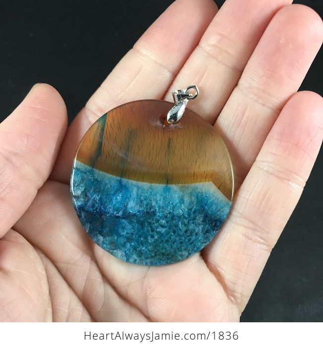 Pretty Round 34sunset over the Ocean34 Orange and Blue Druzy Stone Agate Pendant Necklace - #lV2tpeYf3Yk-2