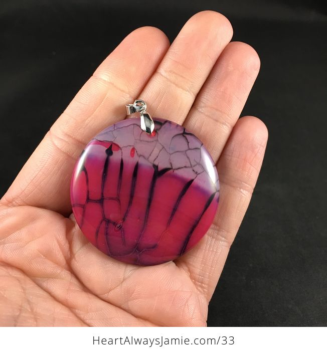 Pretty Round Black and Pink Dragon Veins Stone Agate Pendant - #T1PfuSRcKLA-1