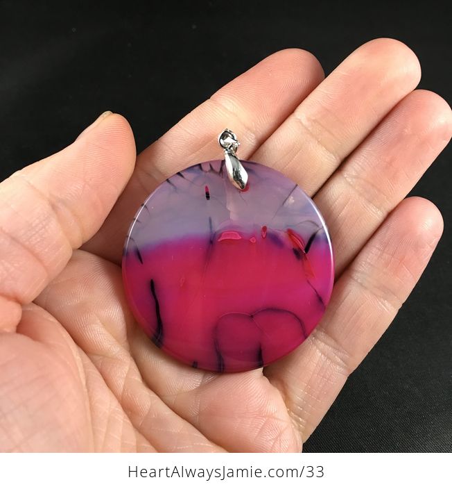 Pretty Round Black and Pink Dragon Veins Stone Agate Pendant Necklace - #T1PfuSRcKLA-2