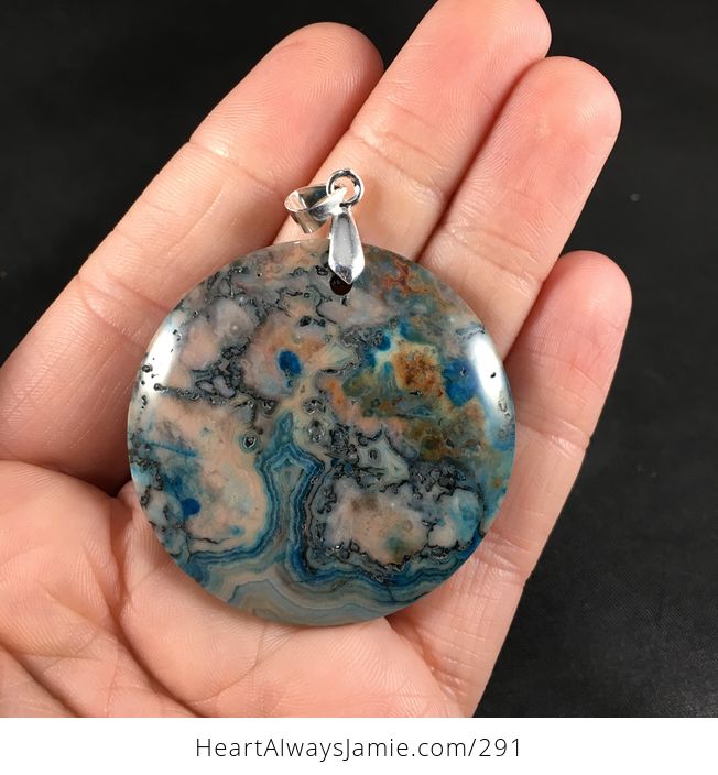 Pretty Round Blue and Pastel Pink Crazy Lace Stone Agate Pendant - #MSeLsaNA86k-1