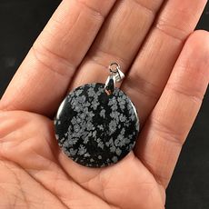 Pretty Round Gray and Black Snowflake Obsidian Stone Pendant #HPdvisN1Aug