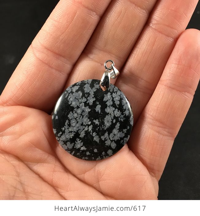 Pretty Round Gray and Black Snowflake Obsidian Stone Pendant - #HPdvisN1Aug-1