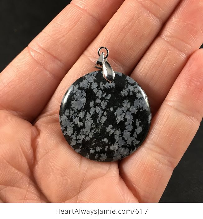 Pretty Round Gray and Black Snowflake Obsidian Stone Pendant Necklace - #HPdvisN1Aug-2