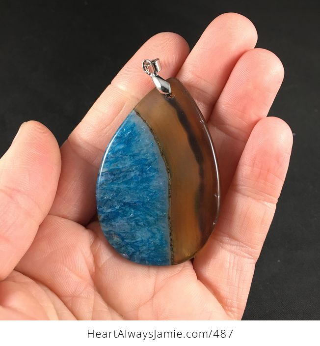 Pretty Semi Transparent Brown and Blue Druzy Stone Agate Pendant Necklace - #VoQCssPjEKE-2