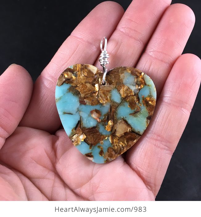 Pretty Synthetic Blue Stone and Copper Bornite Heart Shaped Pendant Necklace - #qQAfmDDik1M-2