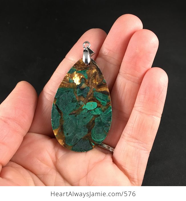 Pretty Synthetic Green Malachite and Gold Copper Bornite Stone Pendant Necklace - #jEC759hVEj8-2