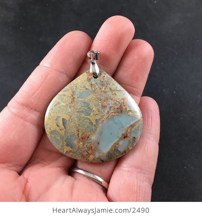 Pretty Tan and Blue Snakeskin Jasper Stone Pendant - #f7XcZnnfvFU-1