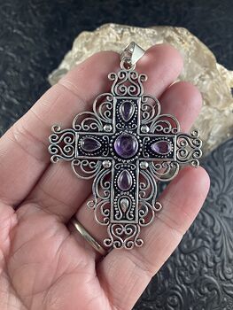 Purple Amethyst and Ornate Silver Toned Cross Jewelry Pendant #dEHLW4a7SFs