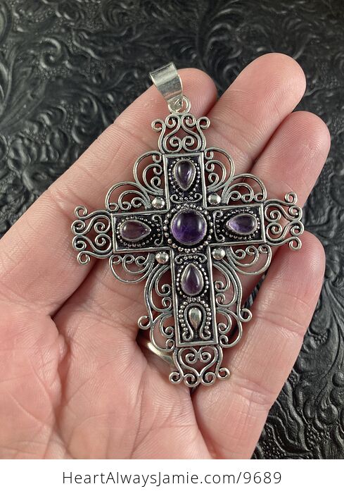 Purple Amethyst and Ornate Silver Toned Cross Jewelry Pendant - #dEHLW4a7SFs-7