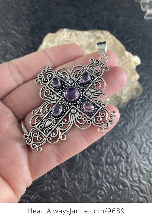 Purple Amethyst and Ornate Silver Toned Cross Jewelry Pendant - #dEHLW4a7SFs-4