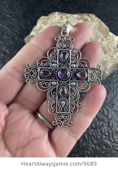 Purple Amethyst and Ornate Silver Toned Cross Jewelry Pendant - #dEHLW4a7SFs-1