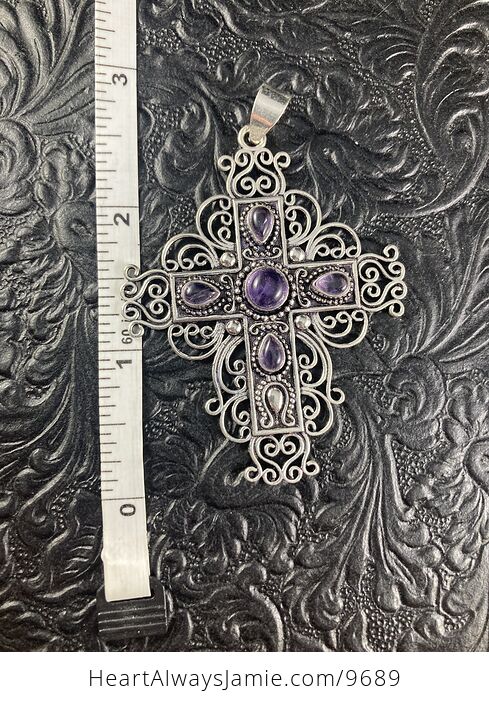 Purple Amethyst and Ornate Silver Toned Cross Jewelry Pendant - #dEHLW4a7SFs-6