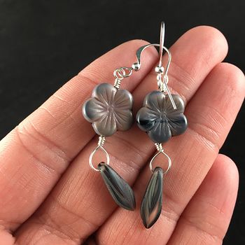 Purple and Black Tropical Flower and Mauve Gray Dagger Earrings with Silver Wire #vgc3NhBcPLE