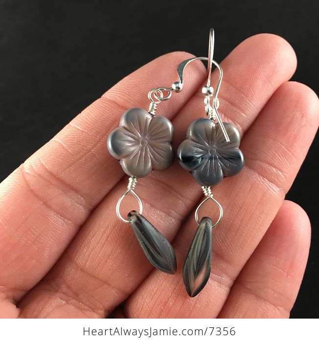 Purple and Black Tropical Flower and Mauve Gray Dagger Earrings with Silver Wire - #vgc3NhBcPLE-1