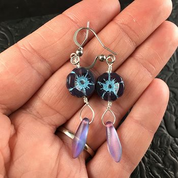 Purple and Blue Glass Hawaiian Flower and Aurora Borealis Dagger Earrings with Silver Wire #cb6VLYNxELo